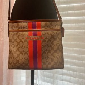 Coach Brown Signature Crossbody with Red and Purple Stripe